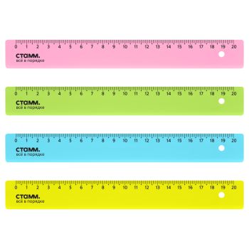 Линейка 20см СТАММ, пластиковая, прозрачная, неоновые цвета, ассорти